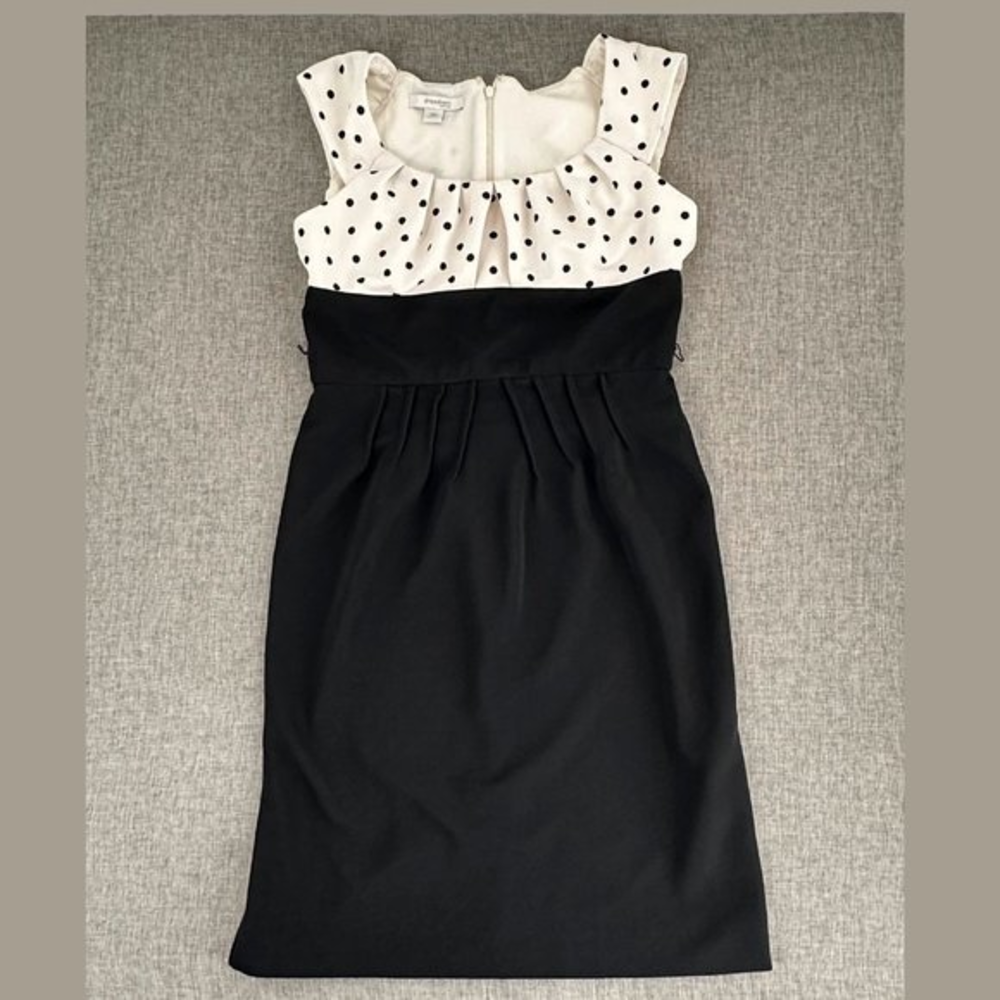 Dressbarn Polka Dot Dress Cap Sleeve 8 Petite Off White & Black Round Neck